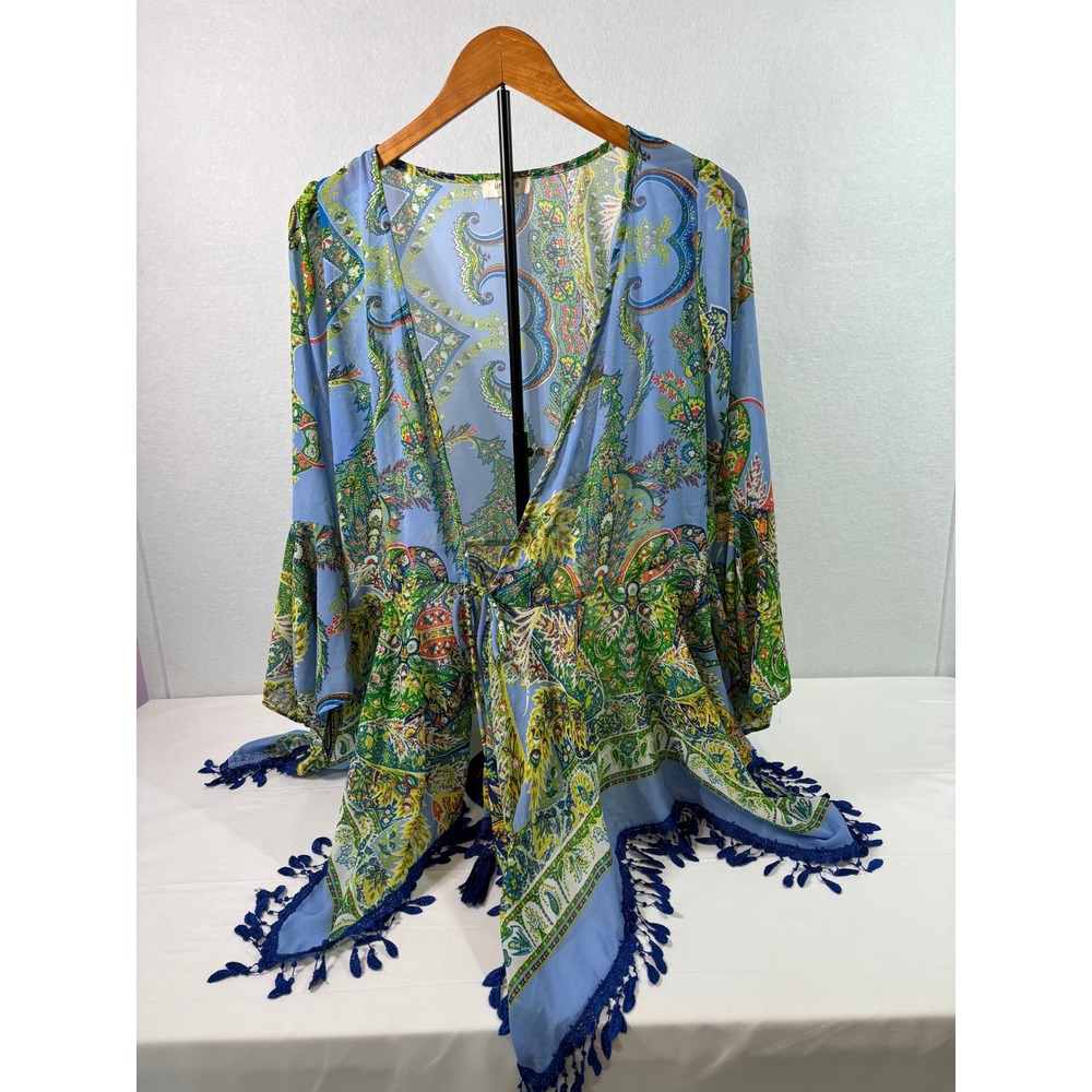 Umgee USA Paisley Kimono Wrap Top Blue Green Tassel Fringe Bell Sleeve Medium
